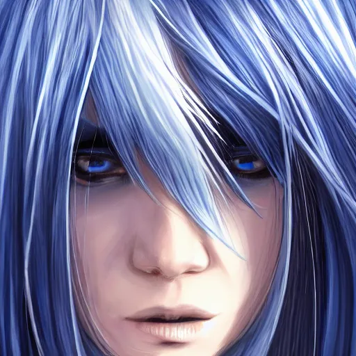 Image similar to face shot of rimuru tempest, sky blue straight hair, long bangs, with amber eyes, gold eyes, wearing a black jacket, high collar, ultra detailed, brush strokes, digital painting, cinematic, wlop artstation, closeup, pixiv, eerie, scary, intimidating glare, evil, yoshitaka amano, junji ito,