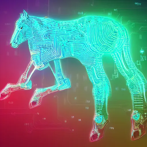 Prompt: digital horse, artificial being, glowing circuitboard patterns, retrowave palette, highly detailed, anatomically correct equine, synth feel, digital art