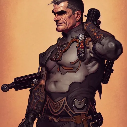 Image similar to full portrait of henry rollins as n overwatch character, fantasy, d & d, intricate, detailed, by by alphonse mucha, adolfo hohenstein, alice russell glenny, stanley artgerm lau, greg rutkowski, detailed, trending on artstation, trending on artstation, smooth