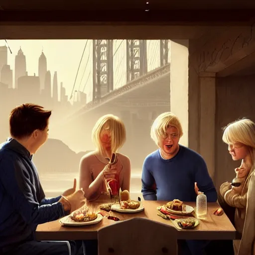 Prompt: michael mcintyre and middle aged blonde woman with short hair and a blonde woman with long hair having dinner at sunday in brooklyn, anatomy, bathed in light, highly detailed, photorealistic, artstation, smooth, sharp focus, illustration, unreal engine 5, 8 k, art by artgerm and greg rutkowski and edgar maxence