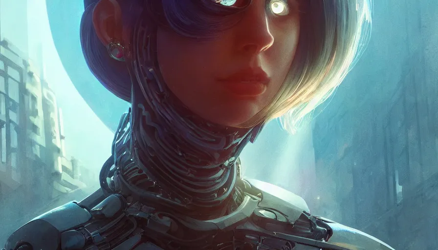 Image similar to highly detailed surreal vfx portrait of a robot android, ana de armas, madison beer, stephen bliss, unreal engine, greg rutkowski, loish, rhads, beeple, makoto shinkai and lois van baarle, ilya kuvshinov, rossdraws, tom bagshaw, global illumination, detailed and intricate environment