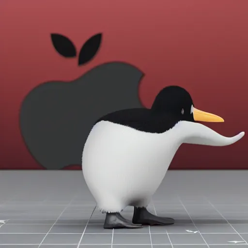 Image similar to a GNU Pinguin shitting on the Apple logo, octane rendering