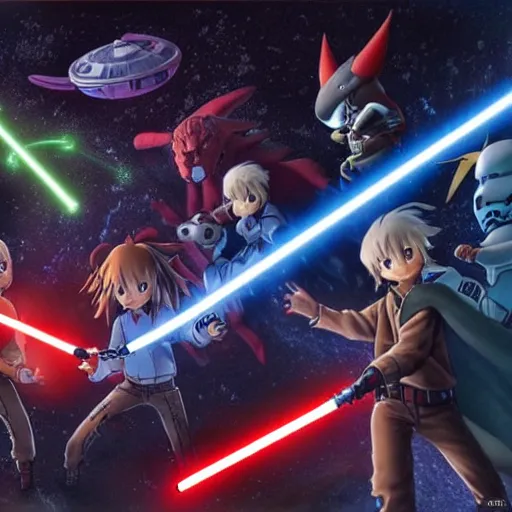 Prompt: digimon as starwars characters in the star wars universe on the death star with light sabers movie still, cinematic, photorealistic, extreme detail, sharp focus, 8 k, intricate, hyper detailed, realistic, cinematic lighting