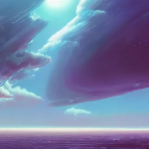 Image similar to beautiful matte painting of a dreamy ocean with clouds, sci - fi, daylight, blue sky, cinematic lighting, cinematic perspective, planet above, syd mead, john harris, federico pelat, detailed, 4 k, hd