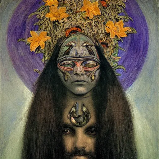 Image similar to masterpiece painting of a dark flower shaman, by annie swynnerton and jean delville and tino rodriguez and diego rivera, facemask made of flowers, art brut, outsider art, symbolist, dramatic lighting, god rays, elaborate geometric ornament, clean crisp graphics, smooth sharp focus, extremely detailed, adolf wolfli