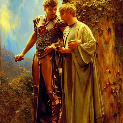 Image similar to attractive, arthur pendragon in love with attractive male, merlin the mage. highly detailed painting by gaston bussiere, craig mullins, j. c. leyendecker