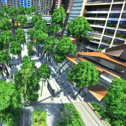 Prompt: a city made of trees, with walkways between the tree buildings, ziplines, lots of plants, realistuc