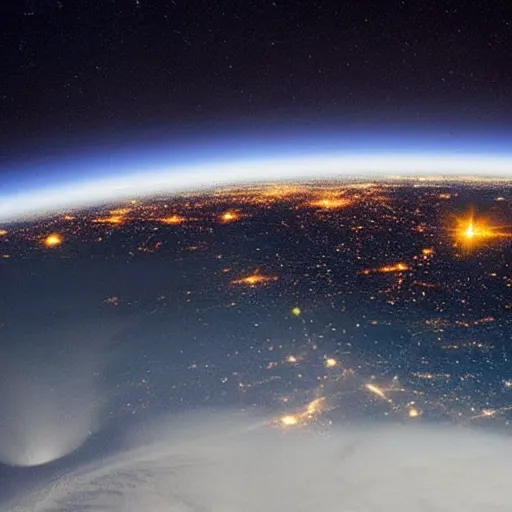 Prompt: a view from deep space of earth, half of the planet is invisible and half shows the lights of cities