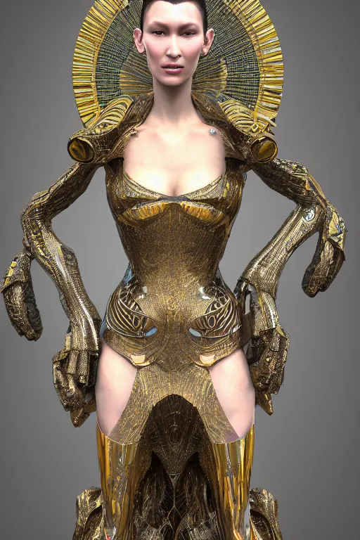 Image similar to a highly detailed 4 k render of a beautiful tall alien goddess bella hadid in iris van herpen dress armor schiaparelli in diamonds and jewelry in style of alphonse mucha trending on artstation made in unreal engine 4