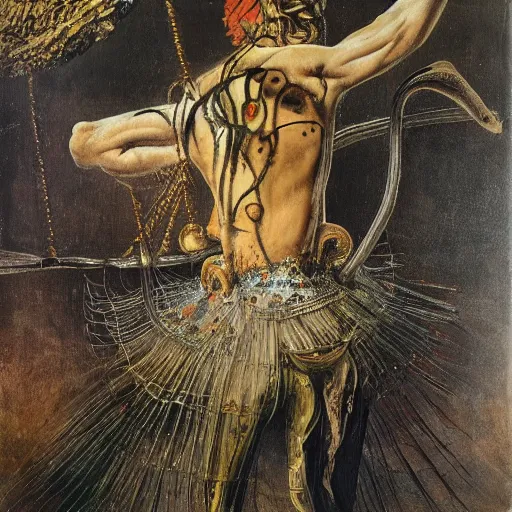 Prompt: a highly detailed painting of an elegant male dancer on flamingo legs by salvador dali and vadim stein, in a domed destroyed ballroom splattered with rot and decay by albrecht durer, dramatic lighting