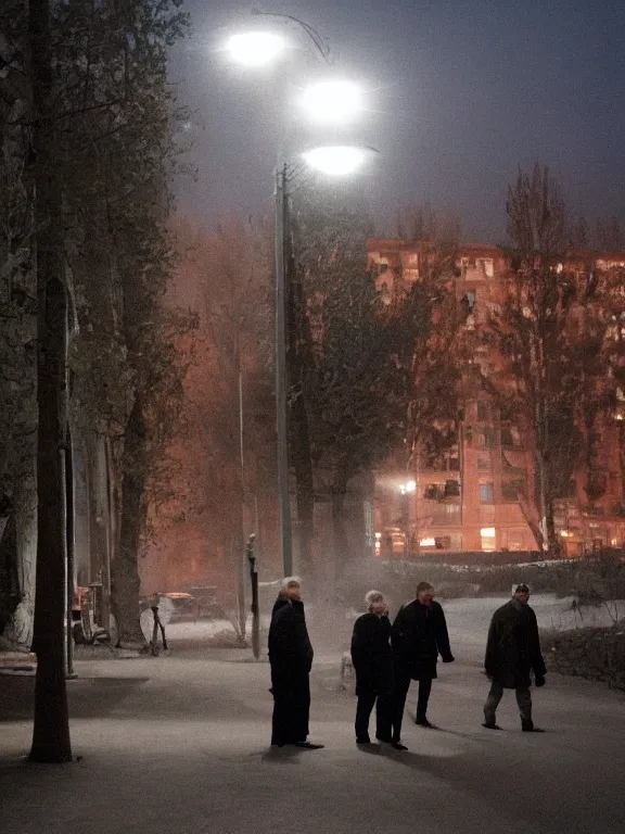 Prompt: film still of post - soviet suburbs, lights are on in the windows, deep night, post - soviet courtyard, cozy atmosphere, light fog, street lamps with orange light, several birches nearby, several elderly people stand at the entrance to the building