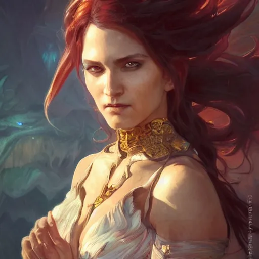 Image similar to portrait of a demon, D&D, fantasy, highly detailed, digital painting, artstation, smooth, sharp focus, illustration, art by artgerm and greg rutkowski and alphonse mucha