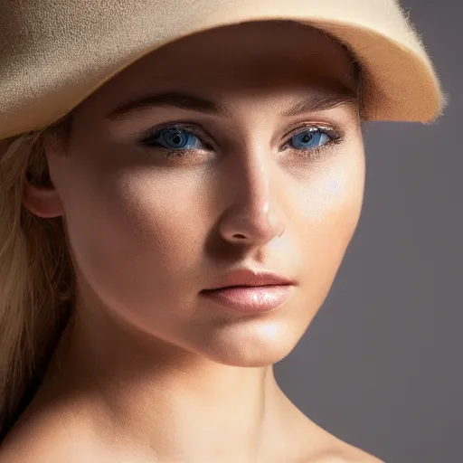 Image similar to photograph of an olive skinned blonde female model in her twenties, her hair pinned up under designer hat, wearing a designer top, looking content, focused on her neck, photo realistic, extreme detail skin, natural beauty, no filter, slr, golden hour, 8 k, high definition, selfie