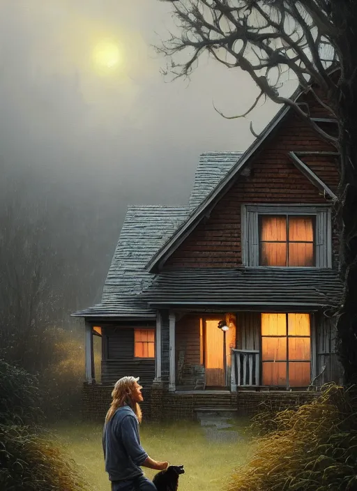 Image similar to highly detailed hyperrealistic painting of a blonde long - haired hillbilly in front of old style house, with his fluffy black and gray australian shepherd, stephen bliss, art by greg rutkowski, loish, rhads, ferdinand knab, makoto shinkai and lois van baarle, tom bagshaw, global illumination, artstation