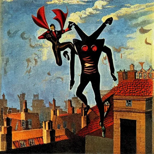 Prompt: spring-heeled jack, aristocrat devil jumping over the roofs of victorian london, by max ernst