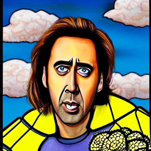 Prompt: nic cage as spongebob squarepants, buff, painted portrait, highly detailed,