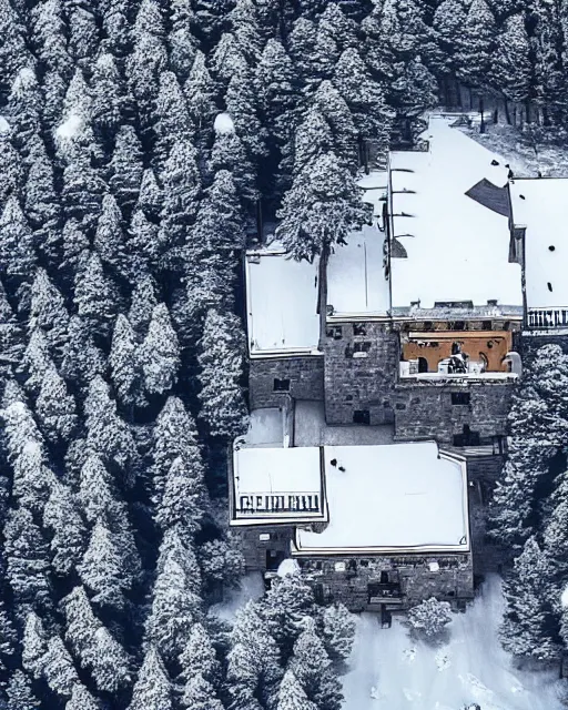 Image similar to hidden mansion in the alps with snow covered roof that was recently set on fire, zoomed out, shot from drone, iphone capture