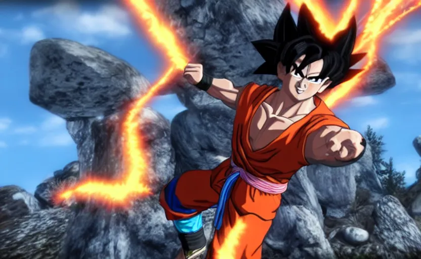 Prompt: Screenshot of Son Goku in Skyrim, Playstation 3 graphics,