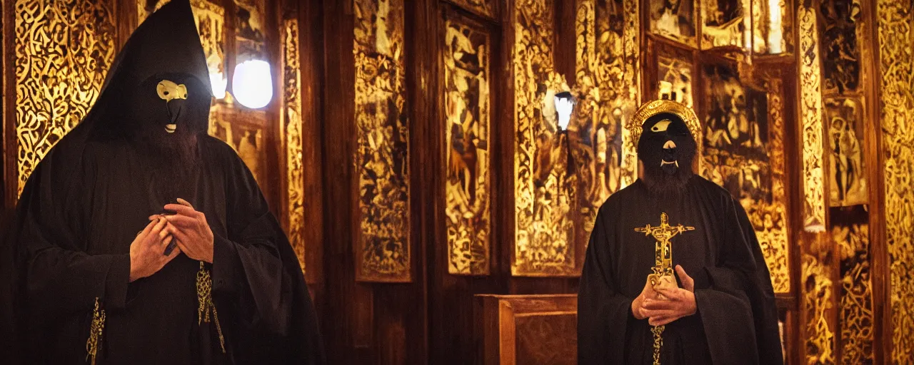 Prompt: orthodox priest wearing cute caracal masks, in orthodox church, orthodox icons, volumetric lighting, twilight, dramatic, noir, blur, bokeh, cinematic, shallow depth of field, 8 0 mm, f 1. 8