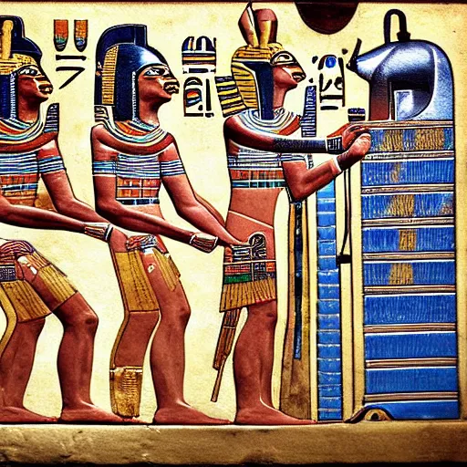 Prompt: ancient egyptian art featuring robots!