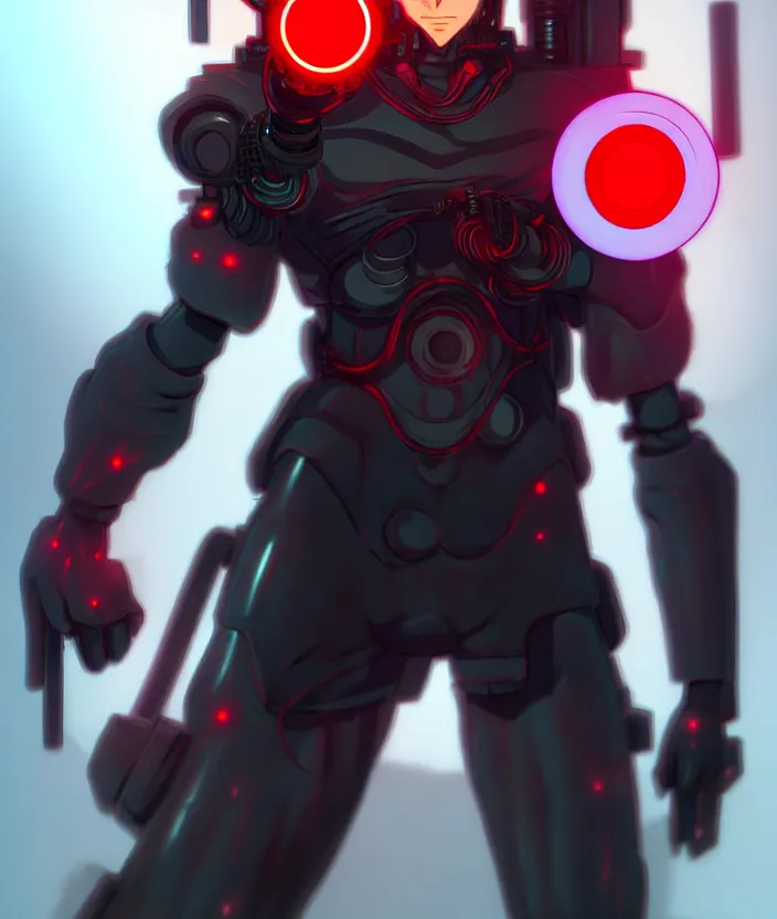 Image similar to a detailed manga illustration character full body portrait of a dark haired cyborg anime man who has a red mechanical eye, trending on artstation, digital art, 4 k resolution, detailed, high quality, sharp focus, hq artwork, insane detail, concept art, character concept, character illustration, full body illustration, cinematic, dramatic lighting