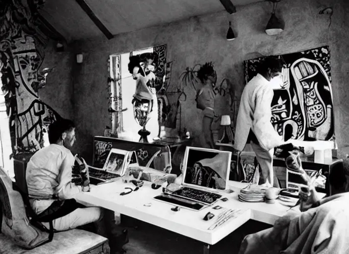 Image similar to Ancient Aztecs using computer at a lan house, Ancient, award winning photo by Slim Aarons ,