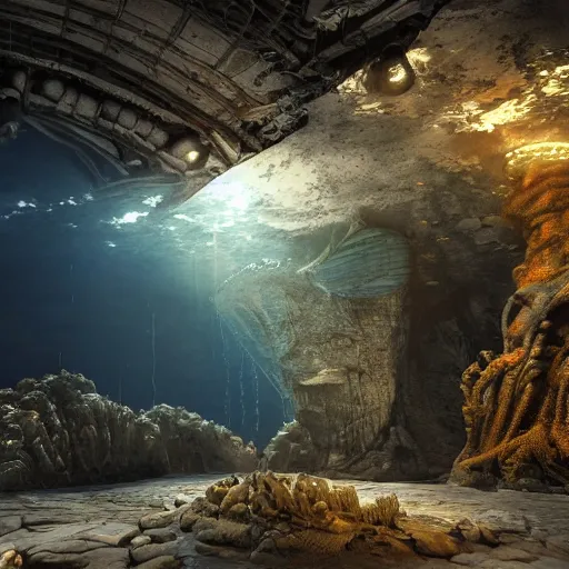 Prompt: a secret underwater lair | sci fi | fantasy | highly detailed rendering | trending on artstation | unreal engine | cinematic | volumetric lighting | stunning imagery | golden ratio