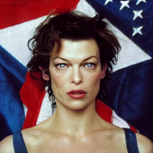 Image similar to 80s movie still close-up facing portrait of Mila Jovovich standing in a ceremony, by Irving Penn , Cinestill 800t 35mm , heavy grainy picture, very detailed, high quality, 4k, HD criterion, precise texture, with a large sovietic flag