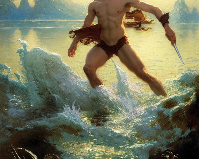 Image similar to attractive male wizard casting powerful wave water spell in a beautiful lake. highly detailed painting by gaston bussiere, craig mullins, j. c. leyendecker 8 k