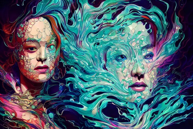 Prompt: fantasy portrait of a woman made of water and smoke, carved Japanese Sakura wood organic overgrowth, artgerm, Liam Brazier and nielly