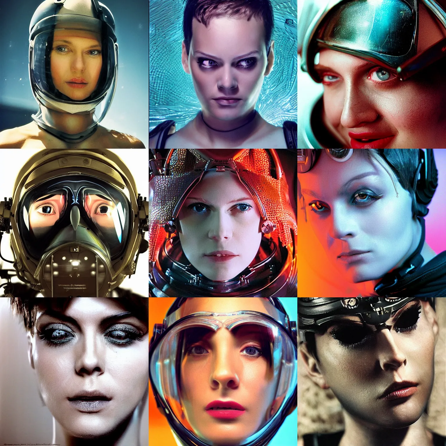 Prompt: beautiful extreme closeup portrait photo in style of 1990s frontiers in retrofuturism deep diving helmet fashion magazine wachowski edition, highly detailed, focus on face, soft lighting