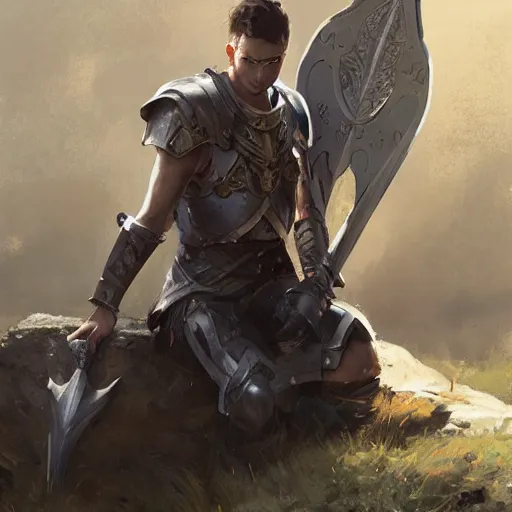 Image similar to 'A human male paladin in chainmail is resting on his knee with a greatsword in his hand, art by Greg Rutkowski, 4k'