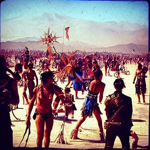 Image similar to “renaissance painting of people at burning man black rock city with steampunk costumes and loud music”