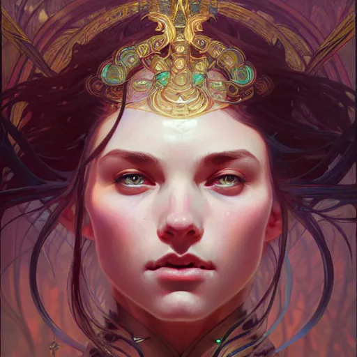 Image similar to Portrait of a girl surrounded by floating daggers, face, fantasy, intricate, elegant, highly detailed, digital painting, artstation, concept art, smooth, sharp focus, illustration, art by Sam Youn and Fernanda Suarez and Artem Demura and alphonse mucha