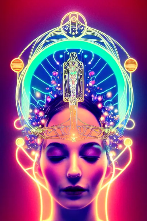 Prompt: ethereal, numinous goddess of cyberpunk draped in magic, wearing a glowing crown made of circuitry, offering the viewer a pill, closed eyes, highly detailed portrait, minimal, warm colors, art deco, art nouveau, decorative border