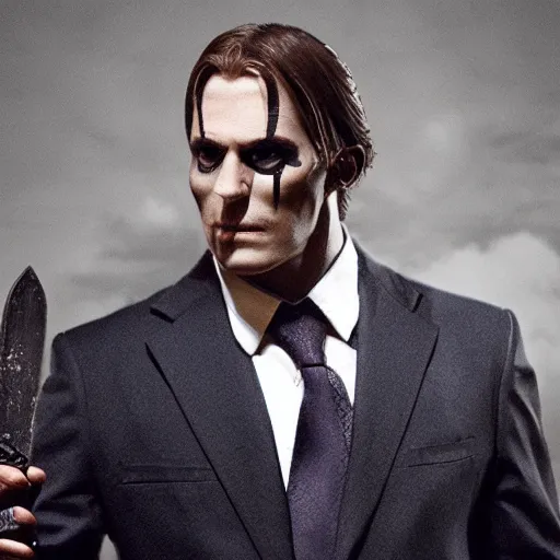 Image similar to arthas menethil as the american psycho, cinematic still