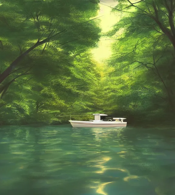 Image similar to an overhead close shot of a boat in a narrow stream, shady, ripples, reflections, trees, stream shore. By Makoto Shinkai, Stanley Artgerm Lau, WLOP, Rossdraws, James Jean, Andrei Riabovitchev, Marc Simonetti, krenz cushart, Sakimichan, trending on ArtStation, digital art.