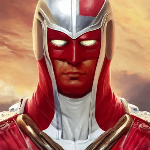 Image similar to highly realistic digital painting of a superhero, red and white costume colors, with an eagle emblem, eagle logo, vienna city, european buildings, austrian architecture, highly detailed, digital painting, artstation, concept art, smooth, sharp focus, illustration, unreal engine 5, 8 k, art by artgerm and greg rutkowski and edgar maxence
