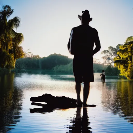 Prompt: man with clocks as eyes walking near lake with crocodiles, high detail, soft lighting, intricate, 8 k