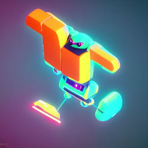 Prompt: isometric cat robot floating in space, 3D character realistic, very colourful, cinematic lighting, soft neon, octane render, trending on Artstation