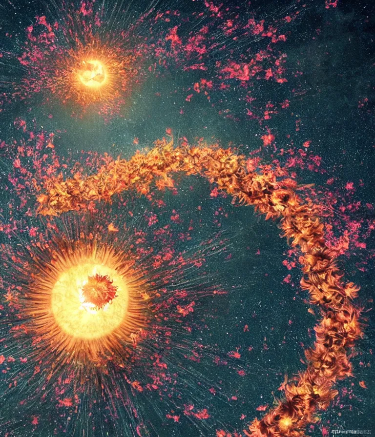 Prompt: impressive ominous cinematic fine photo of a spiraling exploding sun launching flowers across the starry night sky, lighting impressive masterpiece hyper ultra detailed intricate sharp focus 8 k realistic illustration canon eos r 3 fujifilm x - t 3 0 sony alpha, artgerm colorful!!!, trending on artstation behance cgsociety, octane render nvidia raytracing demo