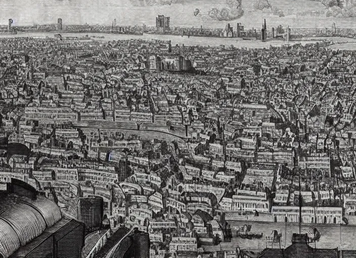 Prompt: detail from Hollar’s Panoramic view of cyberpunk London, 1647