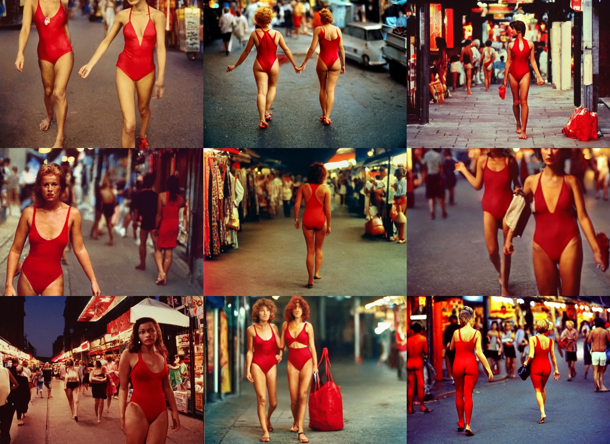 Prompt: color outdoor photograph portrait of a woman in red swimsuit walking on the market district, many people, night, summer, dramatic lighting, 1 9 9 0 photo from live magazine.