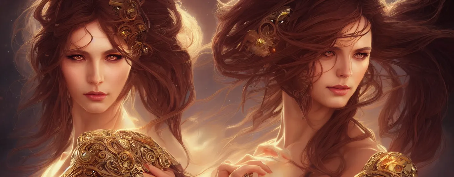 Image similar to fantasy magic woman portrait, sci-fi, amber eyes, face, long hair, fantasy, intricate, elegant, highly detailed, digital painting, artstation, concept art, smooth, sharp focus, illustration, art by artgerm and greg rutkowski and alphonse mucha