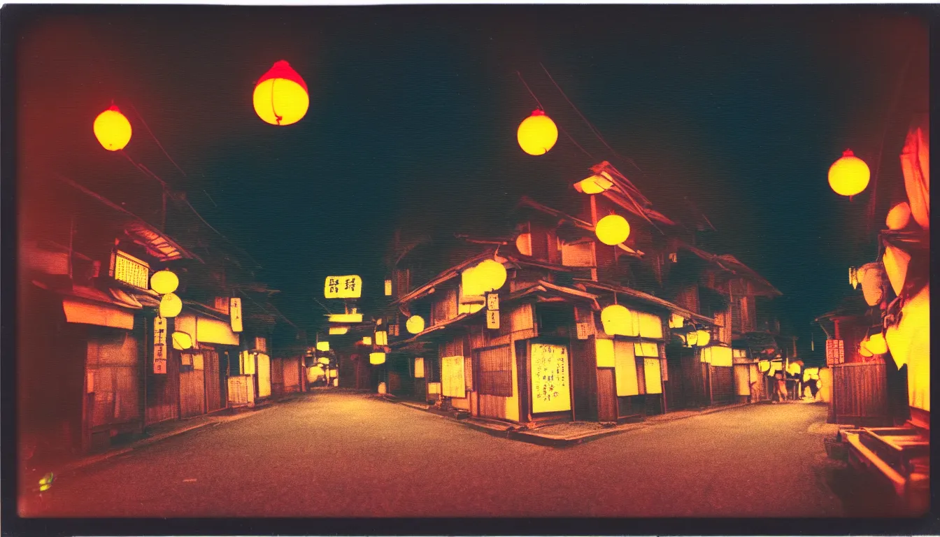 Image similar to colorful instant photograph of old japanese street at night, polaroid, light leak, raw, nostalgic