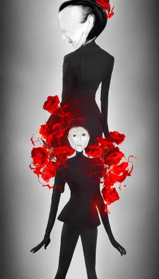 Image similar to Woman made of black flames, wearing a strict business suit, with no face, with glowing red eyes, with a red halo over her head, with red halo glowing out of her wrists, looking off to the side, growing out of a giant rose, rose petals flying in the wind, fantasy, tragic, tense, digital painting, artstation, indieground, concept art, sharp focus, by Annie Swynnerton and Nicholas Roerich, madness combat, strong dramatic cinematic lighting , blood red sky, grey skin, smooth, sharp focus, extremely detailed, illustration, Godmachine, alphonse mucha''