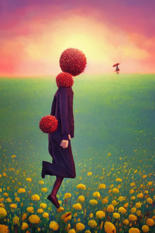 Image similar to closeup, giant flower head, girl in suit jumping in field of flowers, surreal photography, sunrise, blue sky, dramatic light, impressionist painting, digital painting, artstation, simon stalenhag