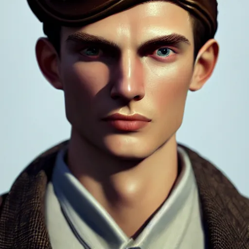 Image similar to A videogame portrait of a young Irish man with high cheekbones. Good bone structure. Dressed in 1940s style. Highly detailed, fine Art, high detail, great lighting, 8k resolution, masterpiece, concept art, illustration, clear eyes, painting oil on canvas, octane render, HDR, trending on artstation, 4k, 8k, HD