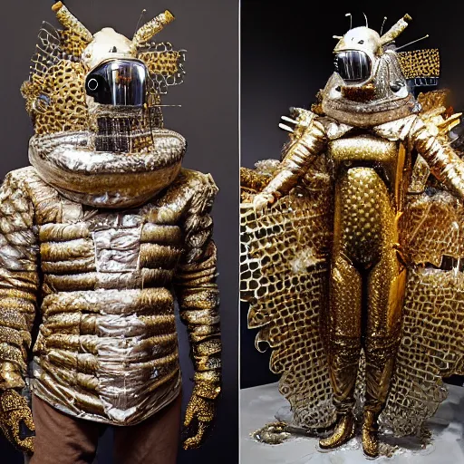 Prompt: full size golden armor, space suit, ornate, made of sniny latex, feathers, crystals, and smoke by giger and irene van herpen + cyberpunk + steampunk + bees, insects, honeycombs + sharpened + extremely detailed + harsh gallery lighting + cinematic