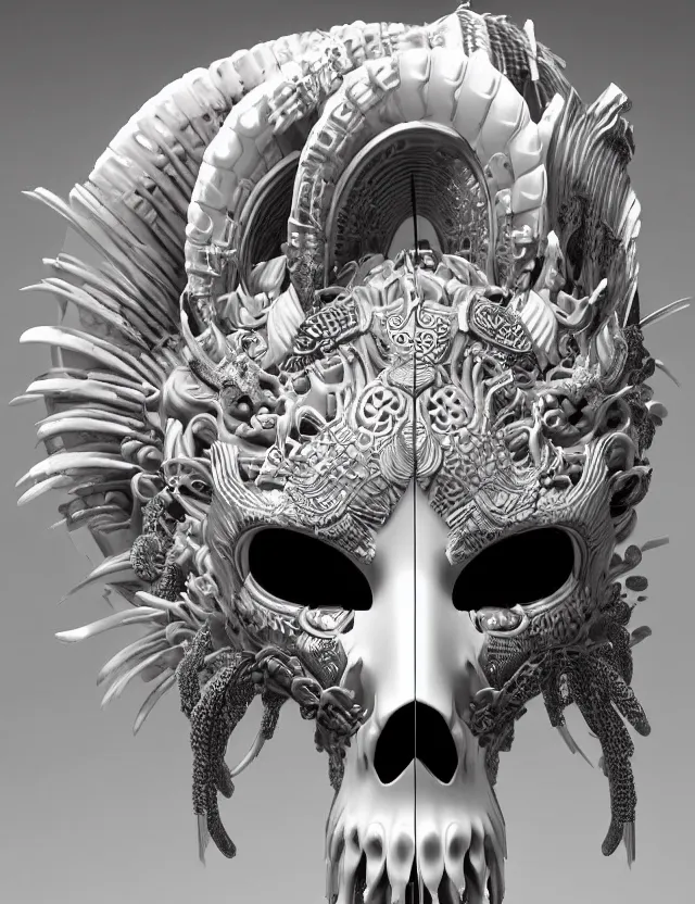 Image similar to 3 d goddess close - up profile simple portrait punk skull with mohawk with ram skull. beautiful intricately detailed japanese crow kitsune mask and clasical japanese kimono. betta fish, jellyfish phoenix, bio luminescent, plasma, ice, water, wind, creature, artwork by tooth wu and wlop and beeple and greg rutkowski